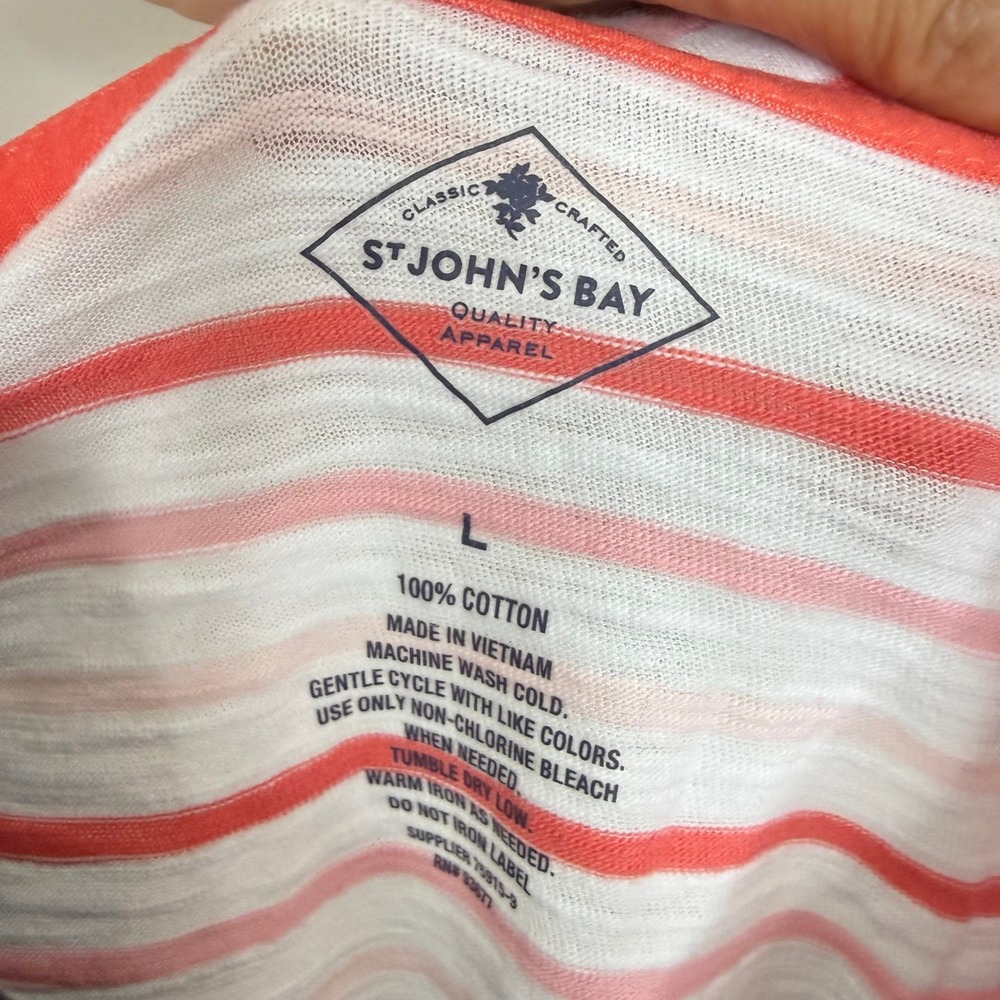St John's Bay T-Shirt Womens L Peach Graphic Striped Crew Neck Cotton Tee - Picture 3 of 4